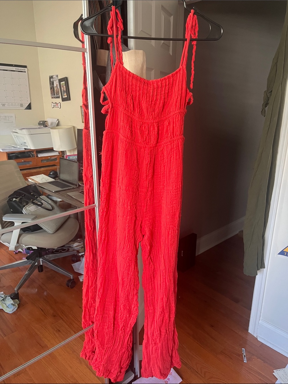 Urban Outfitters Bright Red Textured Tie-Strap Jumpsuit